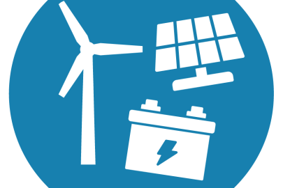 An icon of a wind turbine, solar panel, and battery