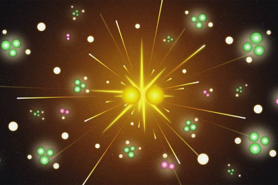 Illustration of a proton-proton collision at the Large Hadron Collider. Quarks produced in these collisions can cluster in threes to produce baryons (green) or in twos to make mesons (red).
