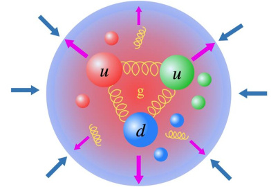 A depiction of how equilibrium is maintained in hadrons. Pressure from quarks and gluons (outward-pointing purple arrows) balances against pressure from trace anomaly and sigma terms (inward-pointing blue arrows).