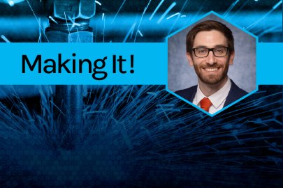 Blue shaded metalwork sparking overlain with a headshot and a banner reading, "Making It!"