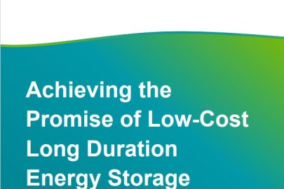 White and blue cover of the Achieving the Promise of Low-Cost Long Duration Energy Storage cover with Energy Earthshot Storage logo at the top.