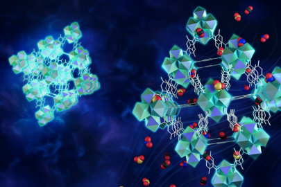 Highly porous MOFs can trap toxic gas molecules and prevent them from entering the atmosphere and can also be used to build sensors. This illustration shows the material’s normal luminescence (left) switched off in the presence of harmful gases (right).