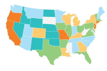 U.S. map with states highlighted in colors indicating their numbers of Home Energy Scores.