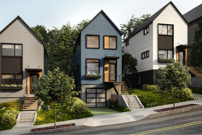 Row of townhomes on a neighborhood street, each with steps leading down to a sidewalk in front of them.