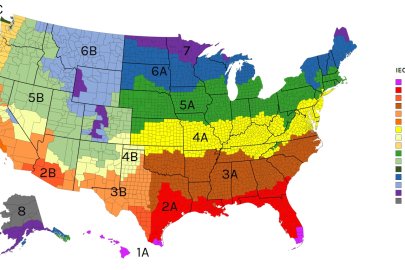 U.S. map color-coded for climate zones: very hot humid, hot humid, hot dry, warm humid, warm dry, warm marine, mixed humid, mixed dry, mixed marine, cold humid, cold dry, cold marine, cold humid, cool marine, cool humid, cold dry, very cold, etc.