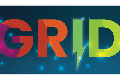 GRID in large very large letters shows the progression of subsurface layers, from the hot purple to the cool green. The I in GRID has a zig zag flourish indicating electricity. In the background is a depiction of an electric grid.