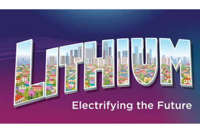 Lithium, Electrifying the Future. The letters of the word Lithium reveal a view of a cityscape.