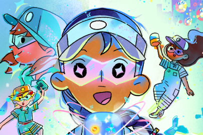 Collage of Spark Squad comic book characters with Dakota at the center looking at a glowing cylinder