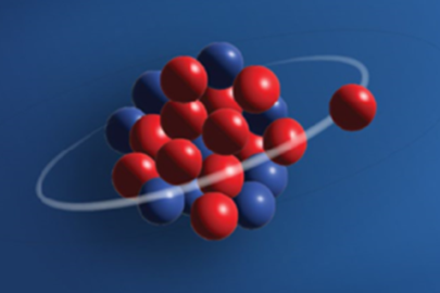 Artist’s depiction of the aluminum-22 nucleus if it exists in a halo state. This nucleus contains 13 protons (red) and 9 neutrons (blue). Halo nuclei are characterized by having one or more nucleons existing at an extended distance from a compact core.