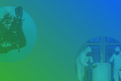Images of nuclear workers against a blue and green background
