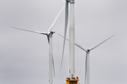 Heavy seas engulf the Block Island Wind Farm—the first U.S. offshore wind farm. A project of Deepwater Wind, the 30-MW wind farm located 3.8 miles (6.1 km) from Block Island, Rhode Island in the Atlantic Ocean, came online in December 2016.