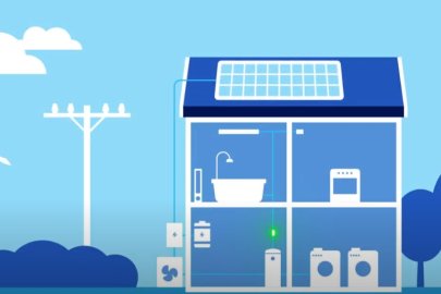Graphic of a cutaway of a two-story home, with solar panels, and with wind turbines and utility pole nearby.