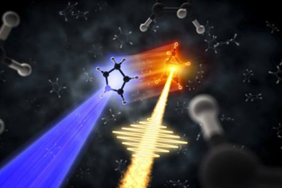 A gas-phase X-ray scattering experiment captures cyclopentadiene rapidly transforming into the strained bicyclo[2.1.0]pentene. This structure change is triggered by a pump pulse (blue) and detected through X-ray scattering (yellow).