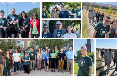 Collage of photos of different groups of people, many of whom are wearing hydrogen-themed t-shirts, walking together outdoors on a sunny day.