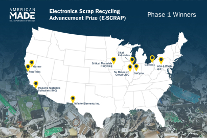 A map of the United States titled Electronics Scrap Recycling Advancement Prize Phase 1 winners with pins in several states.
