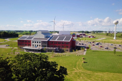 Photo of distributed wind and rooftop solar. 