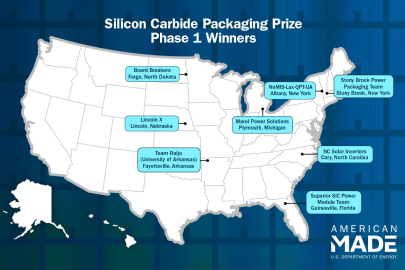 A map of the United States with labels in blue in states with Silicon Carbide prize winners.