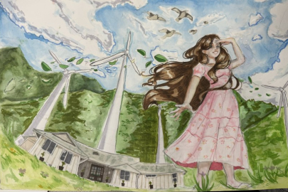 Drawing of a young woman standing in a green field with a wind energy plant in the distance. 