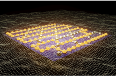 An artist’s impression of a quantum electrodynamics simulation using 100 qubits of an IBM quantum computer. The spheres and lines denote the qubits and connectivity of the IBM quantum processor; gold spheres denote the qubits used in the simulation.