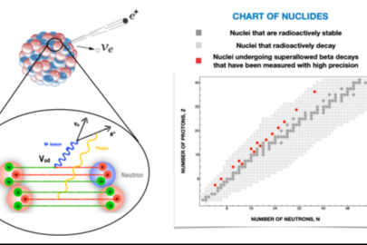 In nuclear beta decay an up quark ‘u’ in a proton converts into an up down quark ‘d,’ turning the proton into a neutron and emitting a positron and a neutrino. This work affects interpretation of beta decay measurements across the chart of nuclides.