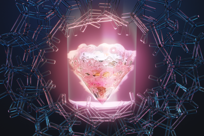 Conceptual art showing the rare earth element promethium in a vial surrounded by an organic ligand. Scientists have discovered hidden features of promethium, opening a pathway for research on other lanthanide elements.