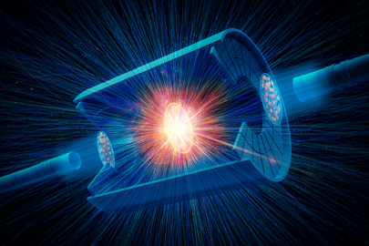 Drawing of real charged particle tracks from a collision of two uranium nuclei, shown exaggerated in size and flattened by the effects of traveling close to the speed of light, over a sketch of the STAR detector at the Relativistic Heavy Ion Collider.