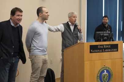 Secretary Wright addresses participants in the “1,000 Scientists AI Jam Session,” along with OpenAI co-founder Greg Brockman and U.S. Sen. Bill Hagerty.