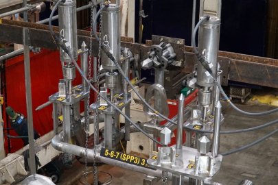 A unit of remote-controlled valves is shown prior to its installation in the Savannah River Site Liquid Waste Program.