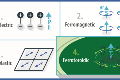 (1) Ferroelectrics: polarity switched by electric fields, (b) ferromagnetics: magnetism switched by magnetic fields, (3) ferroelastics: elasticity switched by applied stress, (4) ferrotoroidics (unconfirmed): magnetic domains switched by magnetic fields.