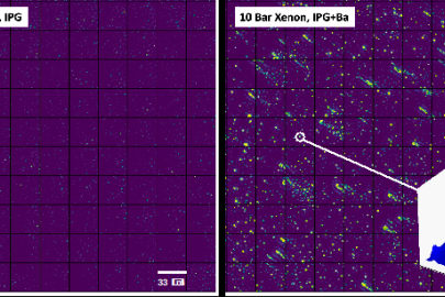 Individual ions are identified via molecular fluorescence in a high-pressure xenon gas detector. Panels show the fluorescence intensity before (left) and after (right) barium is added. Individual ions (bright spots) indicate a double beta decay event.