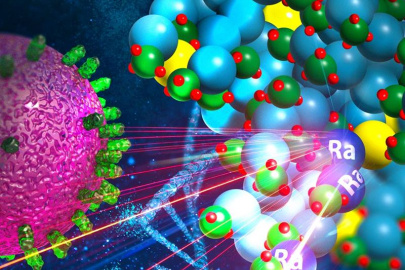 Artists’ depiction of a new potential cancer treatment vehicle—an engineered nanometer-size construct that holds a radioactive isotope that can be delivered to destroy cancer cells.