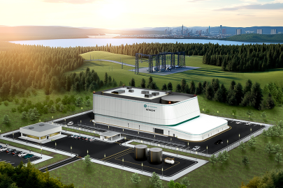 Rendering of GE Vernova Hitachi’s BWRX-300 small modular reactor design, a white building in a wooded area with a city skyline in the distance.