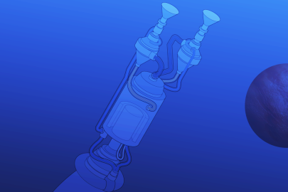 Stylized illustration of a nuclear thermal propulsion rocket against a blue background
