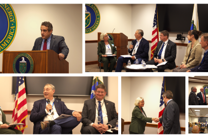 A collage of images of professionals taking part in a panel and giving speeches