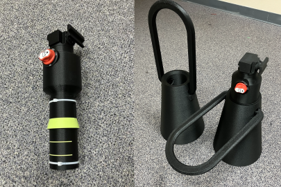 Side by side images of a black red and yellow centrifugal sampler