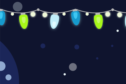 Green and blue holiday lights against a blue background