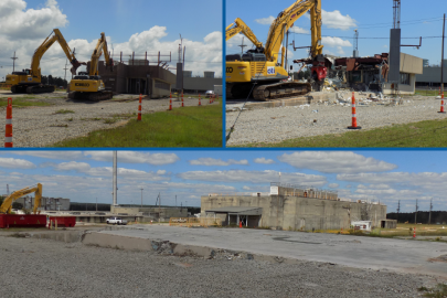 Collage of images of a decommissioning at the Savannah River Site and the afterwards image at the bottom 
