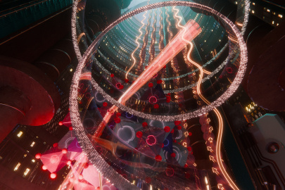 This is a representation of the spin-wave current detected by X-rays. A temperature gradient (blue and red) generates a spin wave current (orange arrows and wave traces) in the yttrium iron garnet sample. X-ray beams hit the sample and scatter back. 