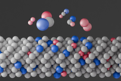 Germanium semiconductor (grey) with dilute silicon (Si) and tin (Sn) atoms (red and blue). Si and Sn do not spread out randomly. They often group together in Si-Ge-Sn sets, showing a short-range order that was previously predicted but not confirmed.