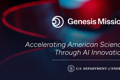 Dark colored background graphic with the DOE logo and DOE Genesis Mission logo