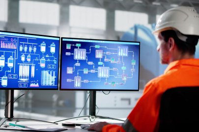 A person wearing an orange jumpsuit and white helmet sits in a chair facing two computer screens showing technical diagrams against a blue background.