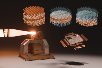 This illustration shows multilayer Laue lenses within the microscope focusing incoming X-rays on the microelectronics sample. It reveals the sample’s internal, nanoscale structure.