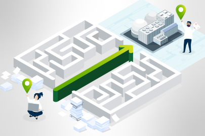 An illustration shows a maze with a green arrow cutting through it; at the start is a person surrounded by stacks of papers, and at the other end a person next to an advanced reactor.