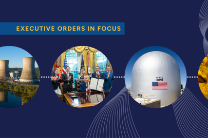 Pictures of President Trump, DOME microreactor test bed, Crane nuclear power plant, and uranium yellowcake against a blue background