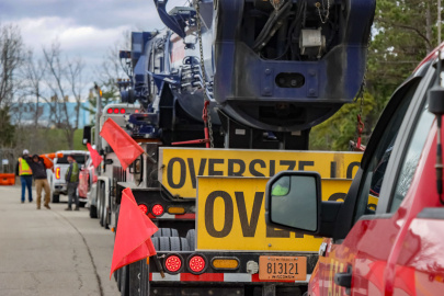 A trailer hauling an oversize load at the Portsmouth Site