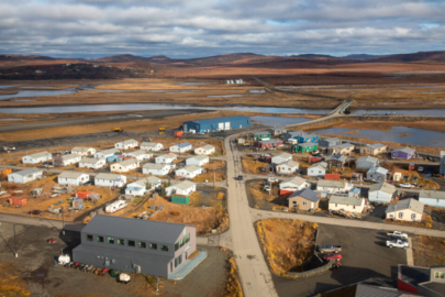 An aerial view of Unalakleet, Alaska, a remote village on the coast of the Bering Sea, about 400 miles northwest of Anchorage