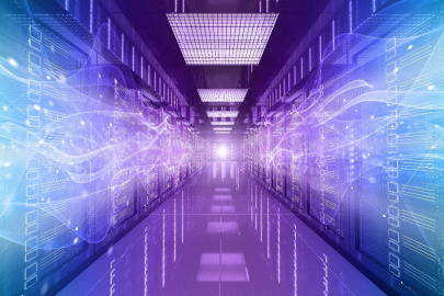 blue and purple hallway of an AI data center