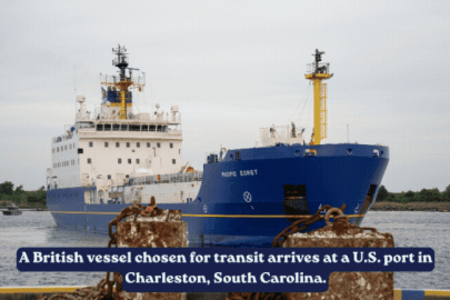 Rotating set of images of a large ship arriving at a port to deliver fuel