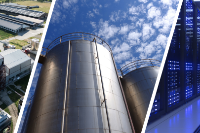 Composite image of a biogas plant, storage infrastructure, and a data center