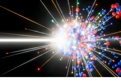 A proton strikes a target nucleus, initiating a nuclear reaction that results in the breakup of the nucleus and the emission of high-energy secondary particles.